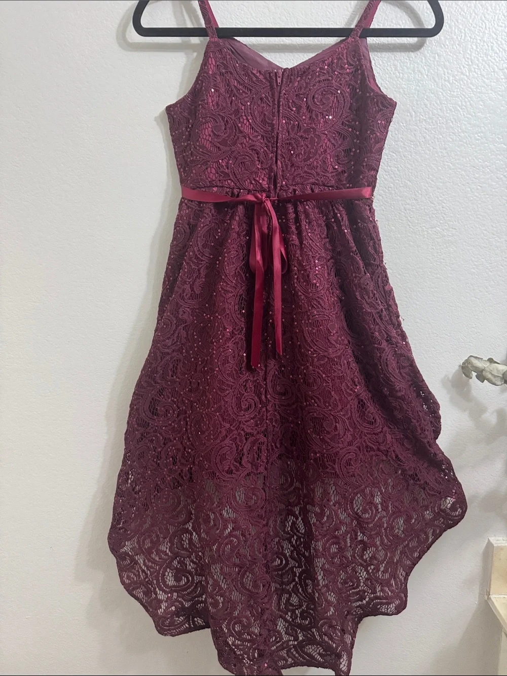 Rare Editions- Girls Lace Sequined High-Low Dress with Jeweled Waist in Burgundy